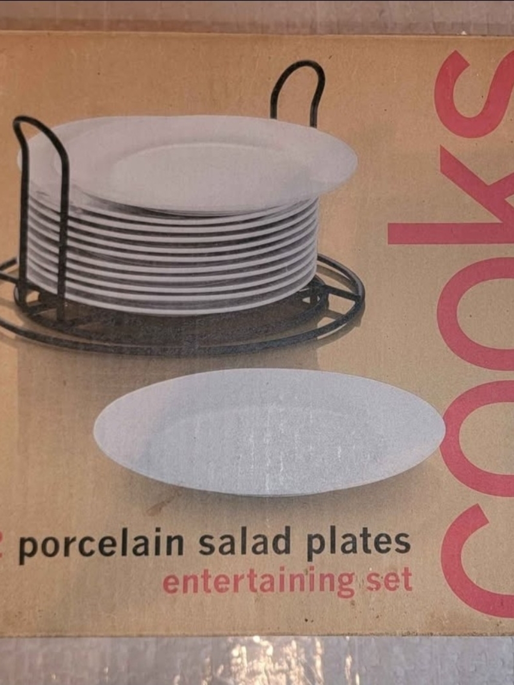 Cooks 12-Piece White Porcelain Salad Plates Set 7.5" with Collapsible Plate Rack